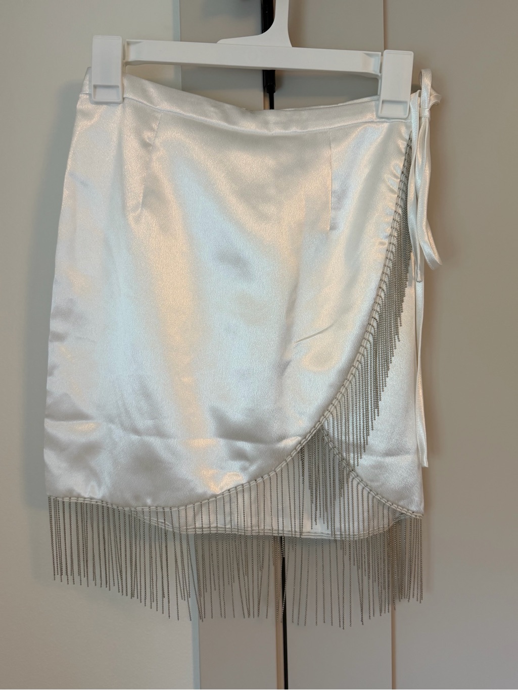 Superdown White Satin Fringe Wrap Mini Skirt